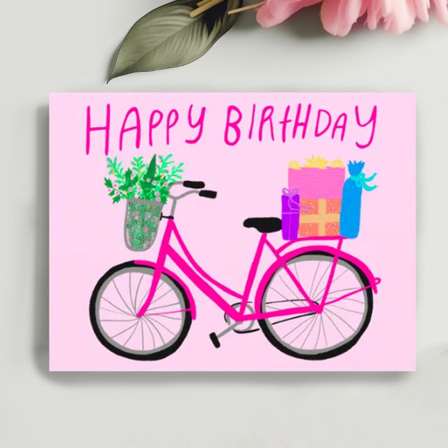 Carte Postale Joyeux Anniversaire Vélo Rose Personnalisé  (Happy birthday cheerful pink bicycle with gifts and flowers. Add your own text customize  postcard)