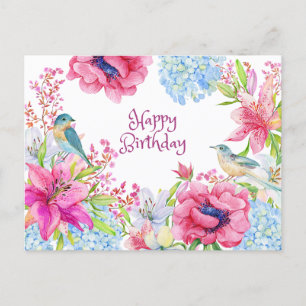 Carte Postale Joyeux Anniversaire Vibrant Fleurs et oiseaux