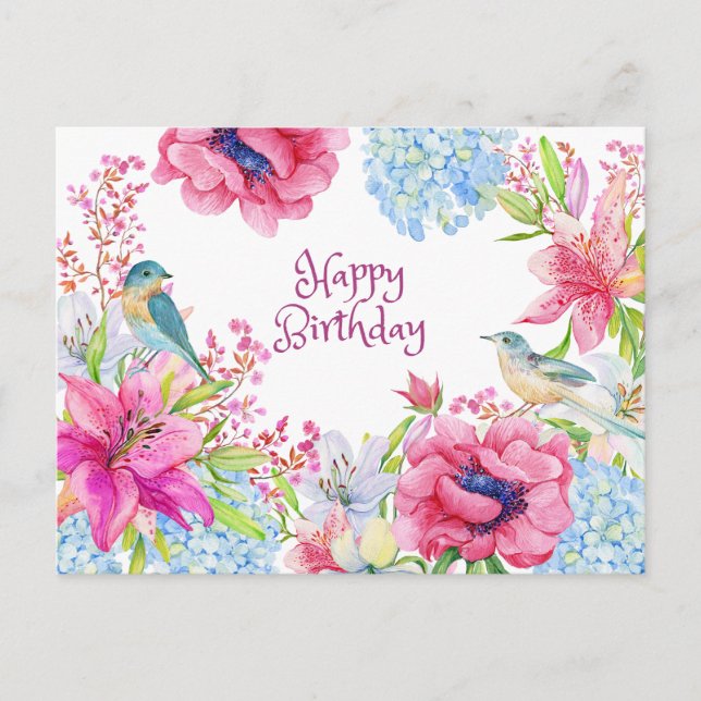 Carte Postale Joyeux Anniversaire Vibrant Fleurs et oiseaux (Devant)