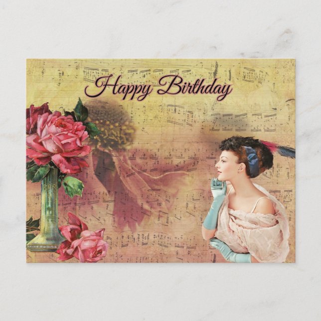 Carte Postale Joyeux Anniversaire Vieille Dame avec des Roses  (Devant)