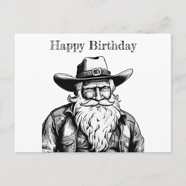 Carte Postale Joyeux Anniversaire Vieux Cowboy en Veste Cuir (Devant)