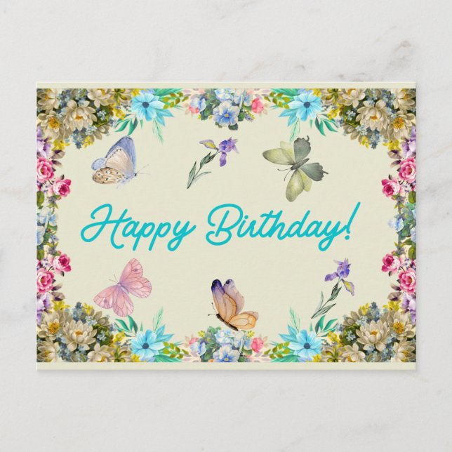 Carte Postale Joyeux anniversaire Vintage Aquarelle Fleurs (Devant)