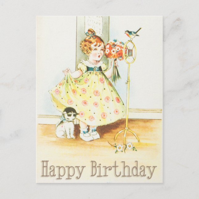 Carte Postale Joyeux anniversaire Vintage fille et chat (Devant)