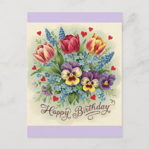 Carte Postale Joyeux Anniversaire Vintage Fleurs Colorées Rétro