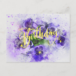 Carte Postale Joyeux Anniversaire violet Aquarelle Pansy Fleurs
