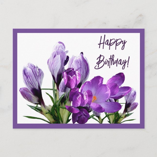 Carte Postale Joyeux Anniversaire violet crocus fleurs boho mign (Devant)