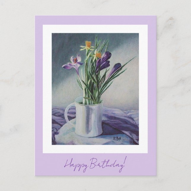 Carte Postale Joyeux anniversaire violet fleurs vintages peintur (Devant)