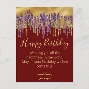 Carte Postale joyeux anniversaire violet or goutte parties scint