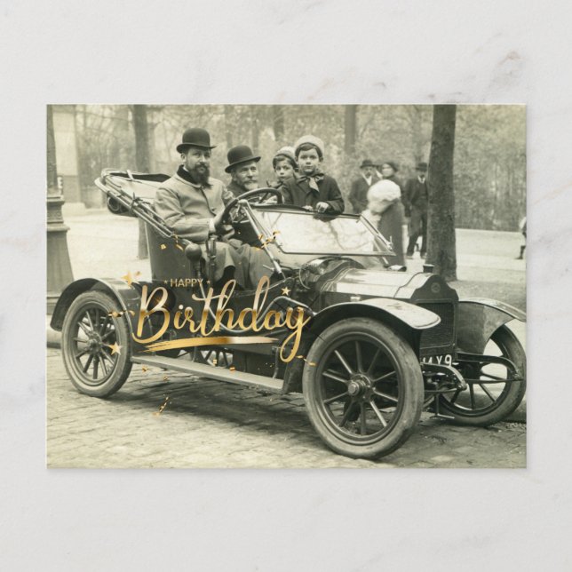 Carte Postale Joyeux Anniversaire Voiture Ancienne et Personnes  (Devant)