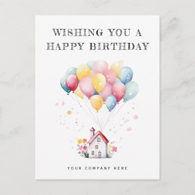 Carte Postale Joyeux Anniversaire Watercolor House Balloons Real (Devant)