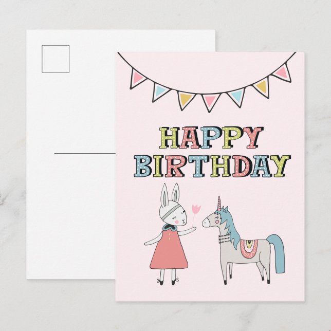 Carte Postale Joyeux Bunny et licorne d'anniversaire (Devant / Derrière)