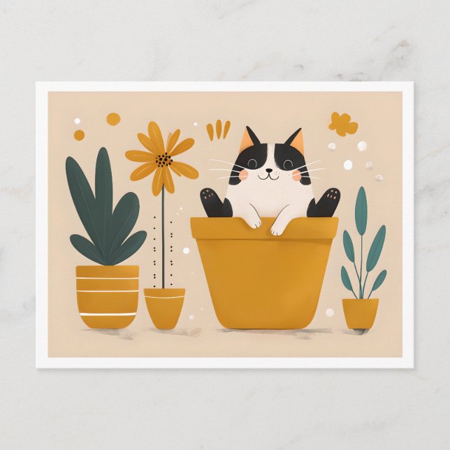 Carte Postale Joyeux chat assis dans un pot à fleurs, Scandinave (Devant)