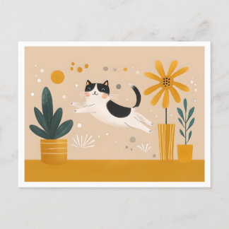 Carte Postale Joyeux Chat Jumping Entre Pots Fleurs, Scandi