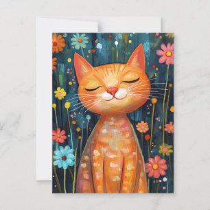 Carte Postale Joyeux Chat Orange Fleurs Whimsical
