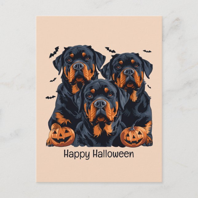 Carte Postale Joyeux chien Rottweiler Halloween Jack-o'-lantern (Devant)