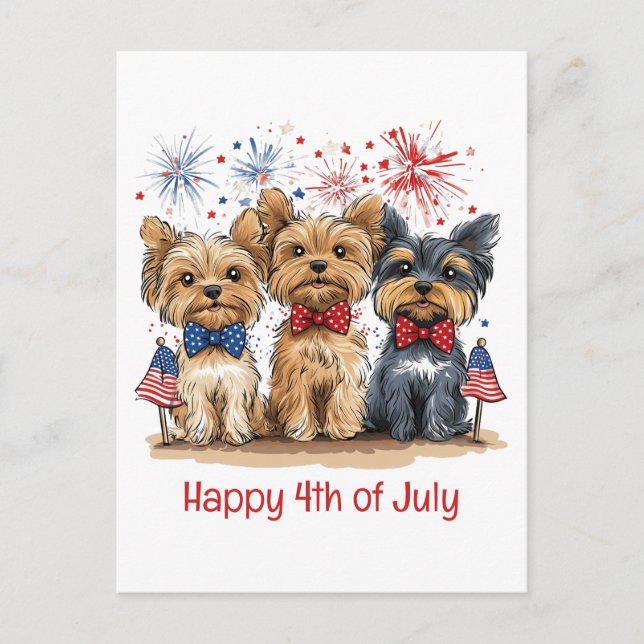Carte Postale Joyeux Chiens 4 juillet Yorkshire Terrier (Devant)