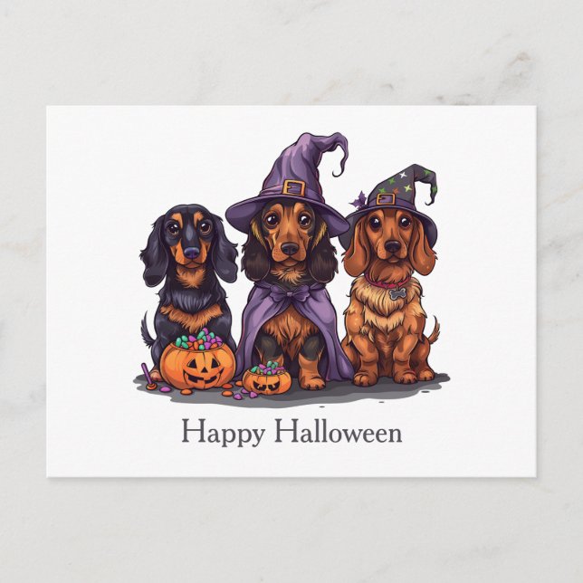 Carte Postale Joyeux Chiens sorciers Halloween Dachshund (Devant)