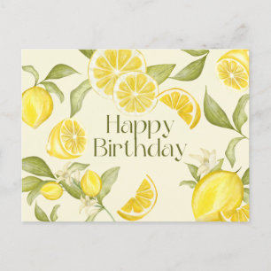 Carte Postale Joyeux citrons aquarelle d'anniversaire, fleurs de