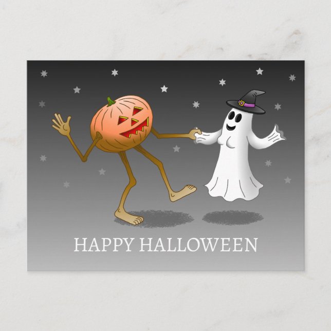 Carte Postale Joyeux Citrouille d'Halloween et fantôme (Devant)
