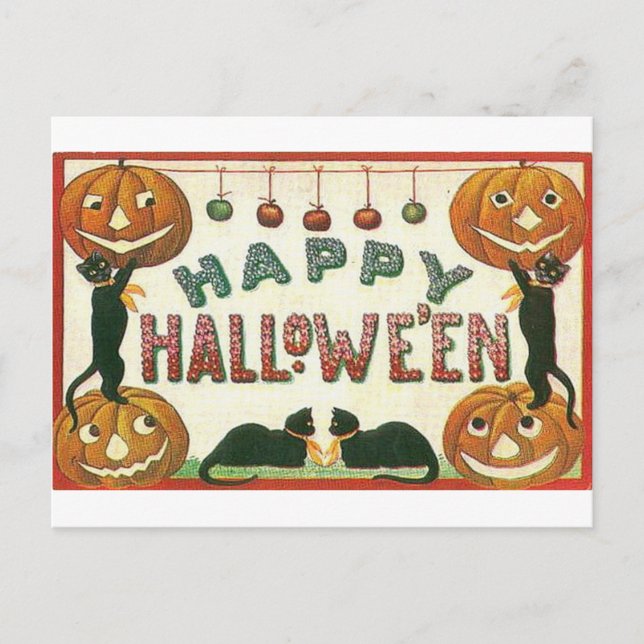 Carte Postale Joyeux Citrouilles et chats d'Halloween (Devant)