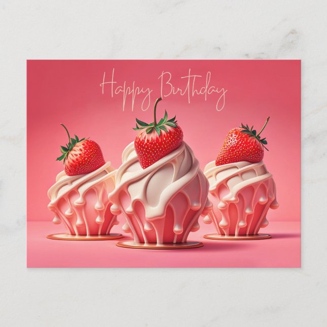 Carte Postale Joyeux Cupcakes aux fraises d'anniversaire (Devant)