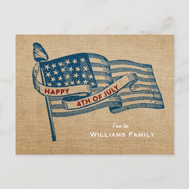 Carte Postale Joyeux drapeau 4 juillet Burlap (Devant)