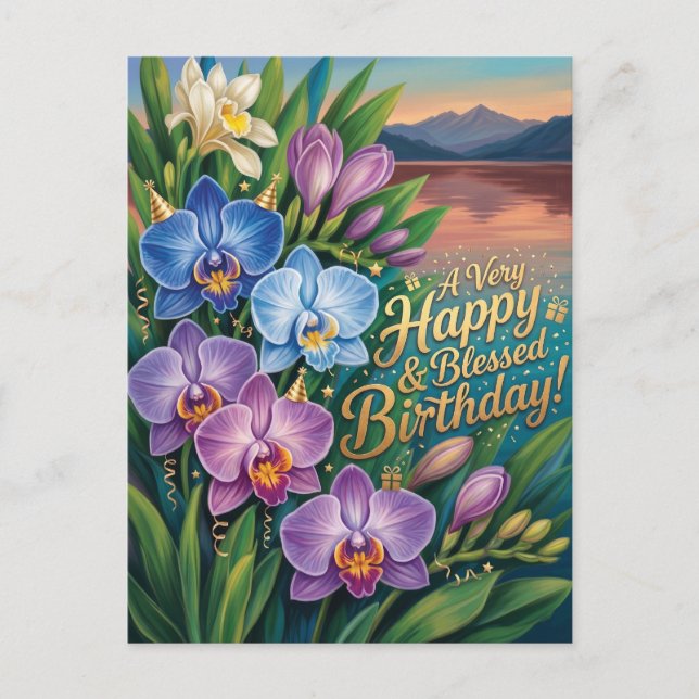 Carte Postale Joyeux et Bénit Anniversaire Orchidée Message (Devant)