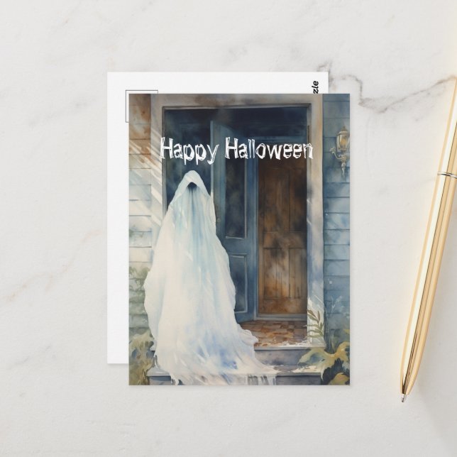 Carte Postale Joyeux Fantôme d'Halloween entrant dans la maison (Devant/Arrière en situation)