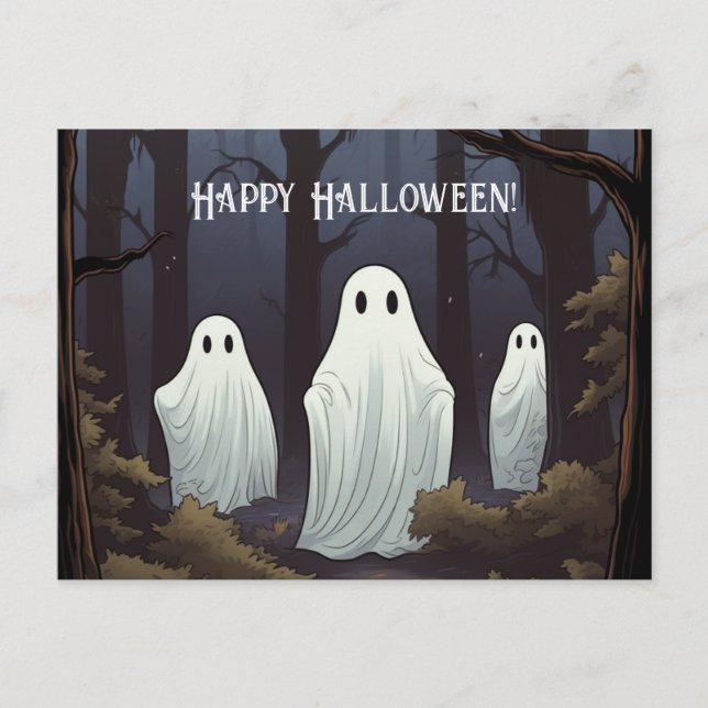 Carte Postale Joyeux fantômes d'Halloween dans une forêt (Devant)