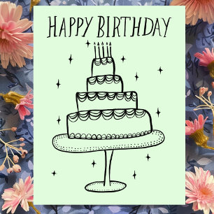 Carte Postale Joyeux gâteau d'anniversaire Whimsical Sketch Dood