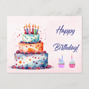 Carte Postale Joyeux gâteau d'aquarelle d'anniversaire avec boug
