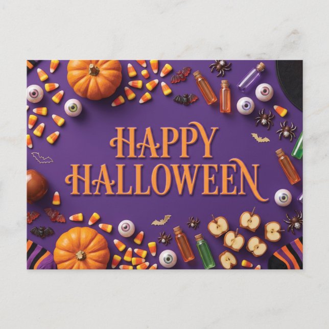 Carte Postale Joyeux Halloween à plat sur fond violet (Devant)