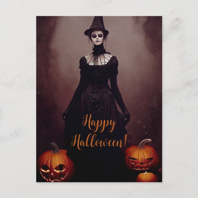 Carte Postale Joyeux Halloween avec une sorcière en robe gothiqu (Devant)