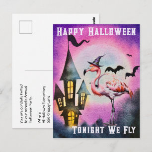 Carte Postale Joyeux Halloween Chauves-Souris Flamant Château Ha