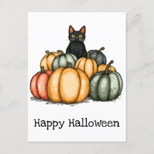 Carte Postale Joyeux Halloween Chouette Chat Noir Citrouilles