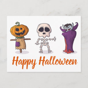 Carte Postale Joyeux Halloween Citrouille, Squelette et Dracula