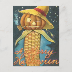 Carte Postale Joyeux Halloween Corn Citrouille Scarecrow Vintage