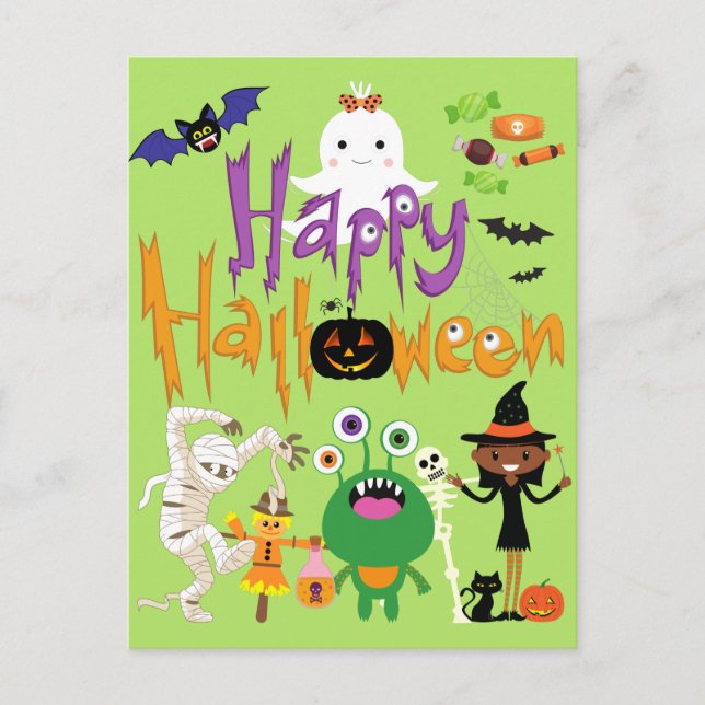 Carte Postale Joyeux Halloween Enfants mignonnes et Éffrayants (Devant)