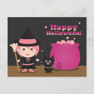 Carte Postale Joyeux Halloween, jolie sorcière rose et chat noir