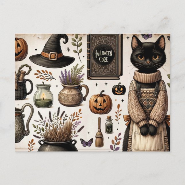 Carte Postale Joyeux Halloween Journal Déchets Chat Noir Effraya (Devant)