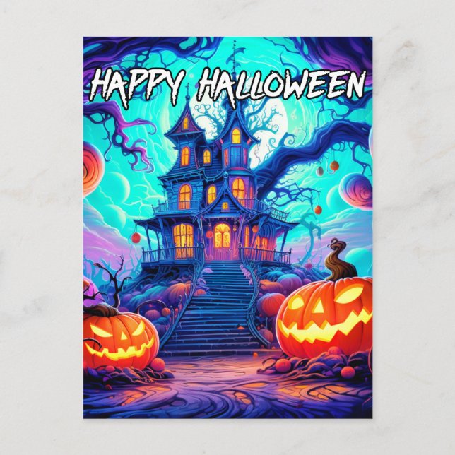 Carte Postale Joyeux Halloween | Maison Éffrayante hantée (Devant)