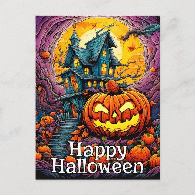 Carte Postale Joyeux Halloween | Maison Éffrayante hantée (Devant)