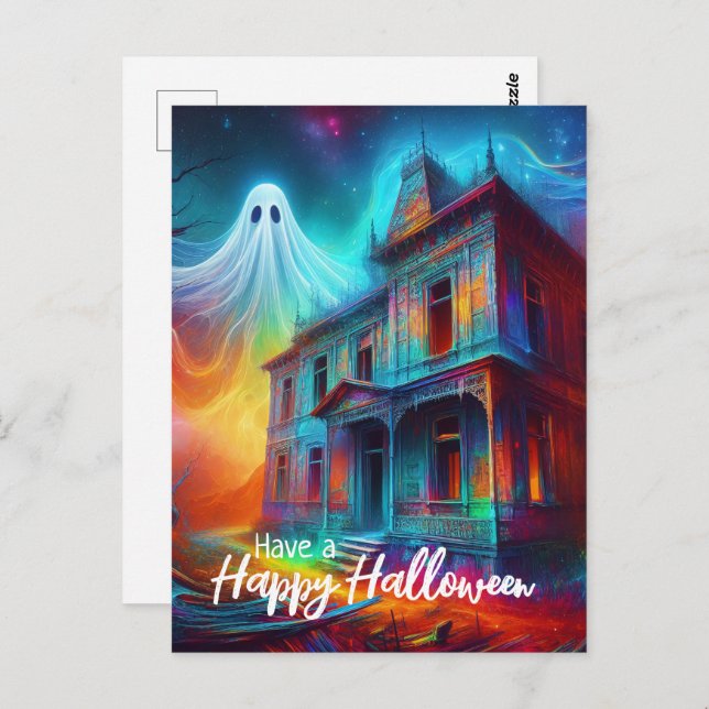 Carte Postale Joyeux Halloween Maison Hantée et Fantôme (Devant / Derrière)