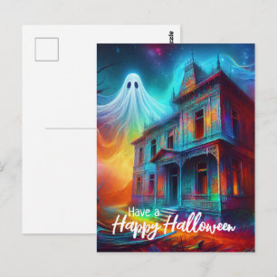 Carte Postale Joyeux Halloween Maison Hantée et Fantôme