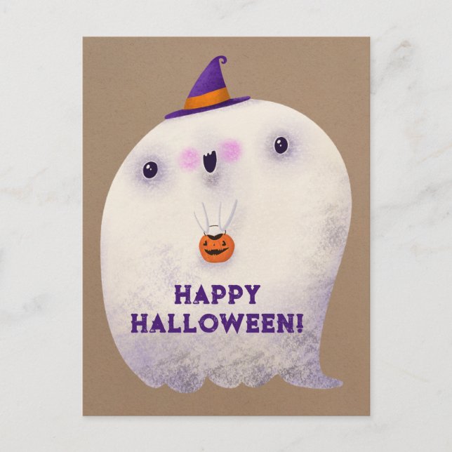 Carte Postale Joyeux Halloween mignonne Ghost Trick ou de traite (Devant)