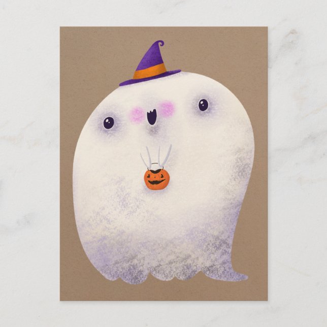 Carte Postale Joyeux Halloween mignonne Ghost Trick ou de traite (Devant)