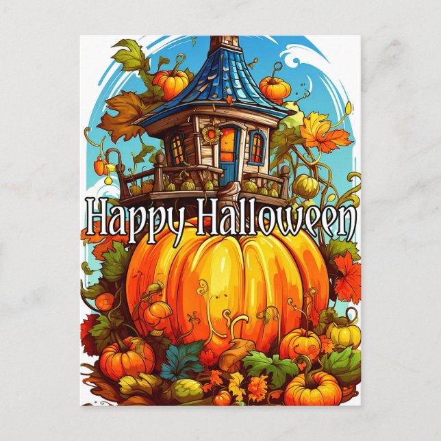 Carte Postale Joyeux Halloween | Mignonne Maison Hantée (Devant)