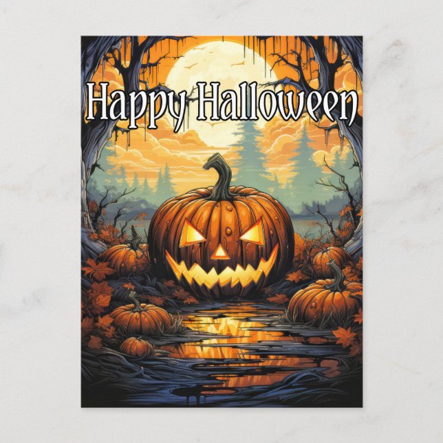 Carte Postale Joyeux Halloween Sinister GlowCitrouille En Automn (Devant)