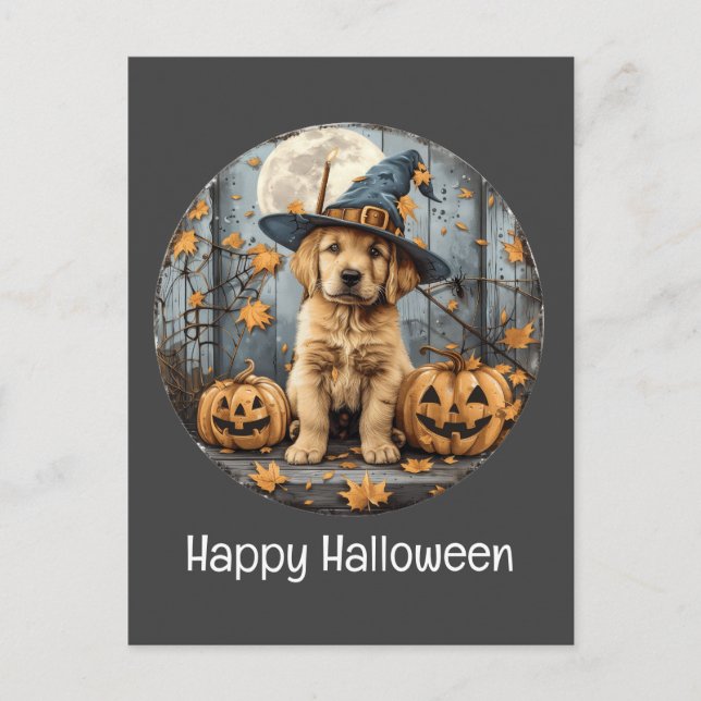 Carte Postale Joyeux Halloween sorcier Golden Retriever Citrouil (Devant)