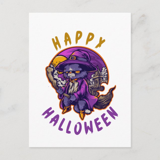 Carte Postale Joyeux Halloween Sorcière de Halloween Chat (Devant)